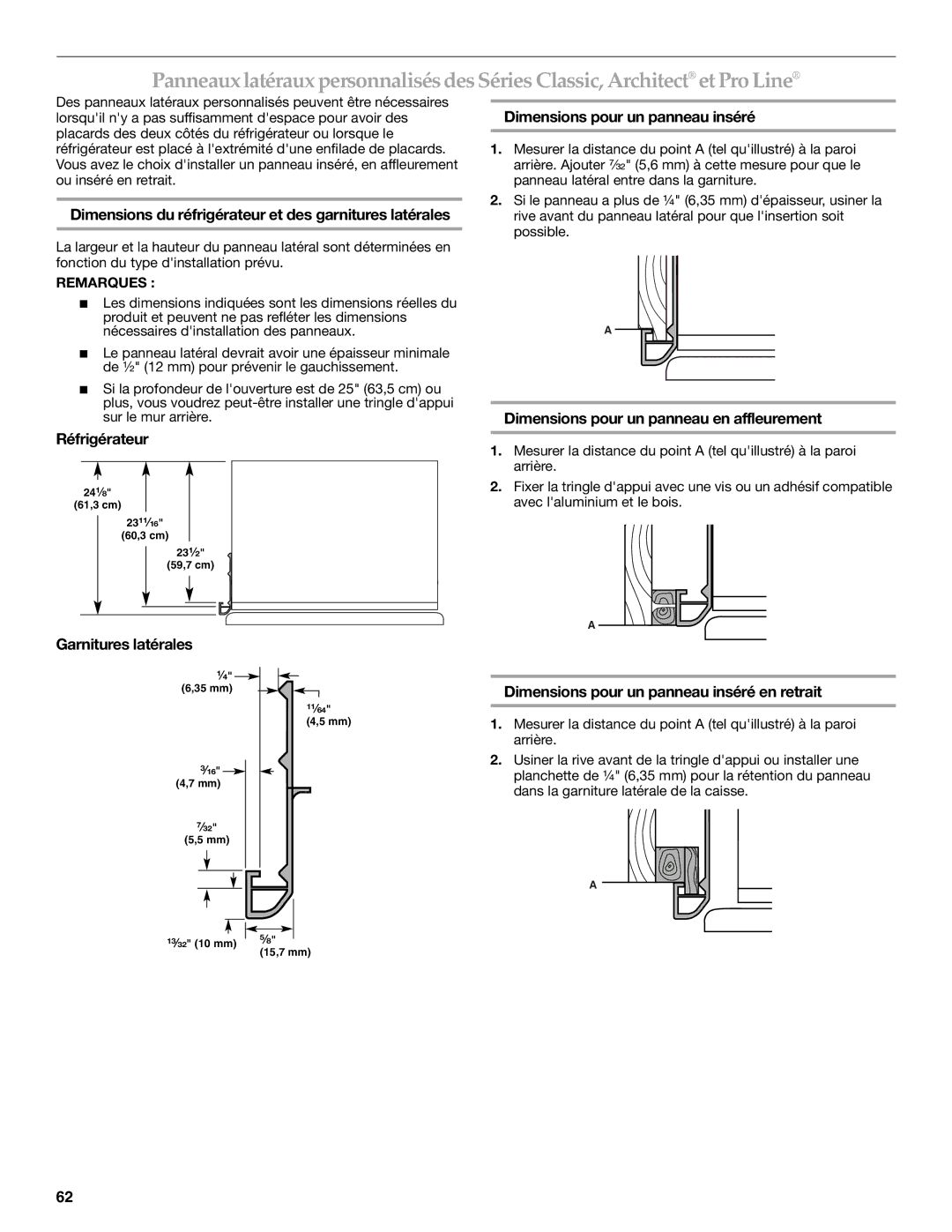 KitchenAid KSSC36QMS manual Dimensions du réfrigérateur et des garnitures latérales, Réfrigérateur, Garnitures latérales 