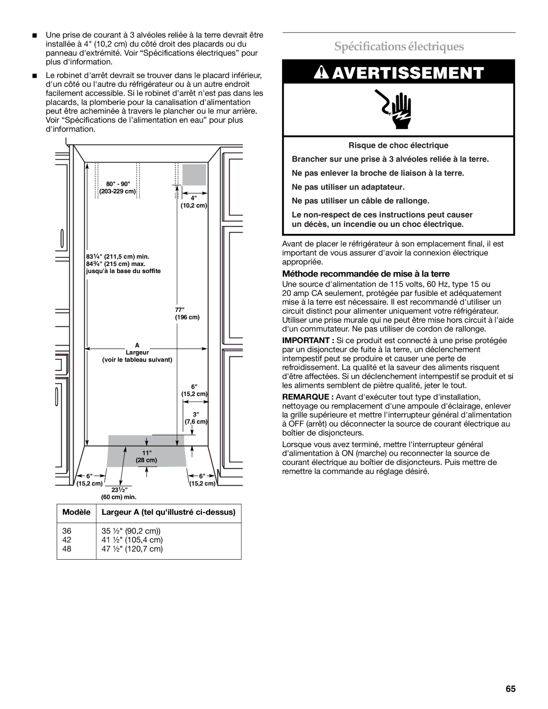 KitchenAid 2309069A, KSSC36QMS manual Spécificationsélectriques, Méthode recommandée de mise à la terre 