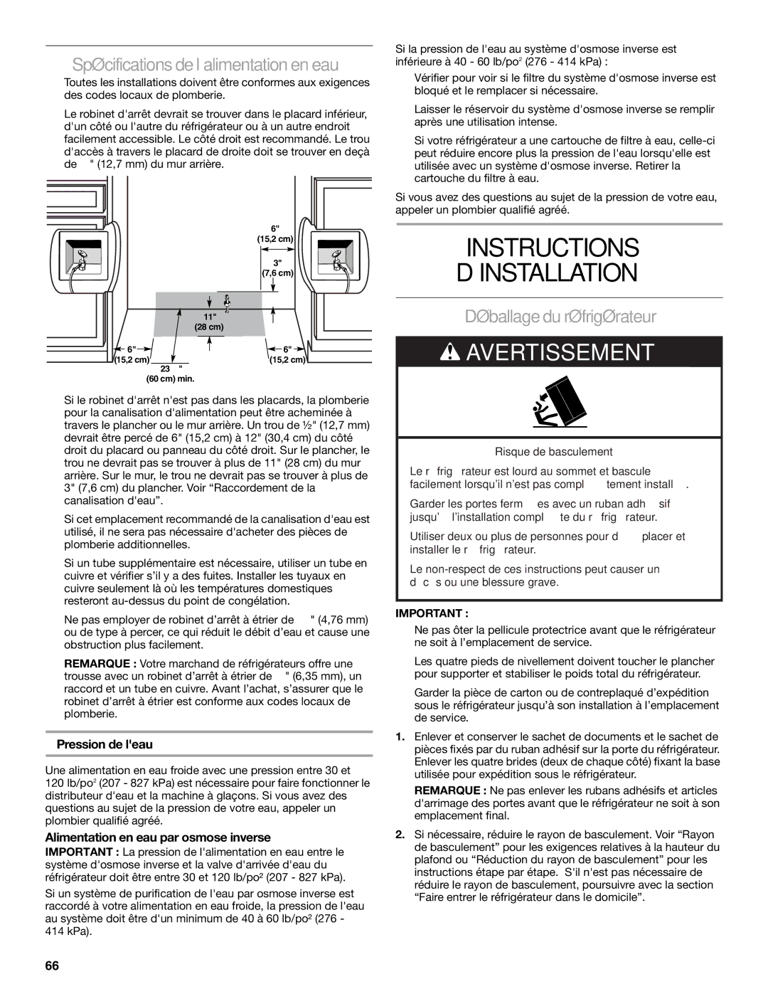 KitchenAid KSSC36QMS manual Instructions ’INSTALLATION, Spécifications de l’alimentation en eau, Déballage du réfrigérateur 