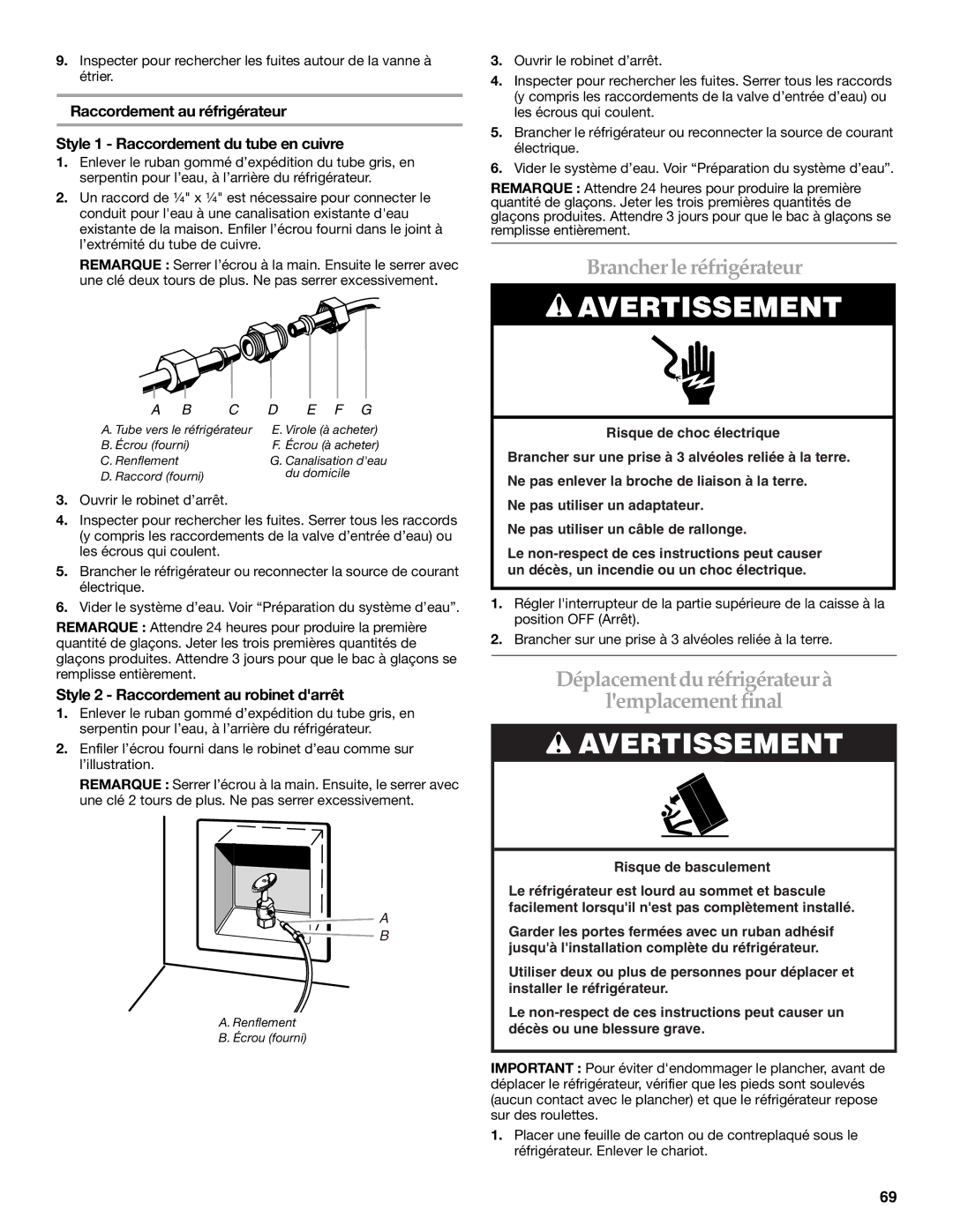 KitchenAid 2309069A, KSSC36QMS manual Brancher le réfrigérateur, Déplacementdu réfrigérateurà Lemplacement final 