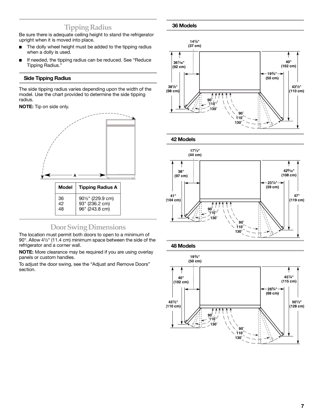 KitchenAid 2309069A, KSSC36QMS manual DoorSwing Dimensions, Side Tipping Radius, Models, Model Tipping Radius a 