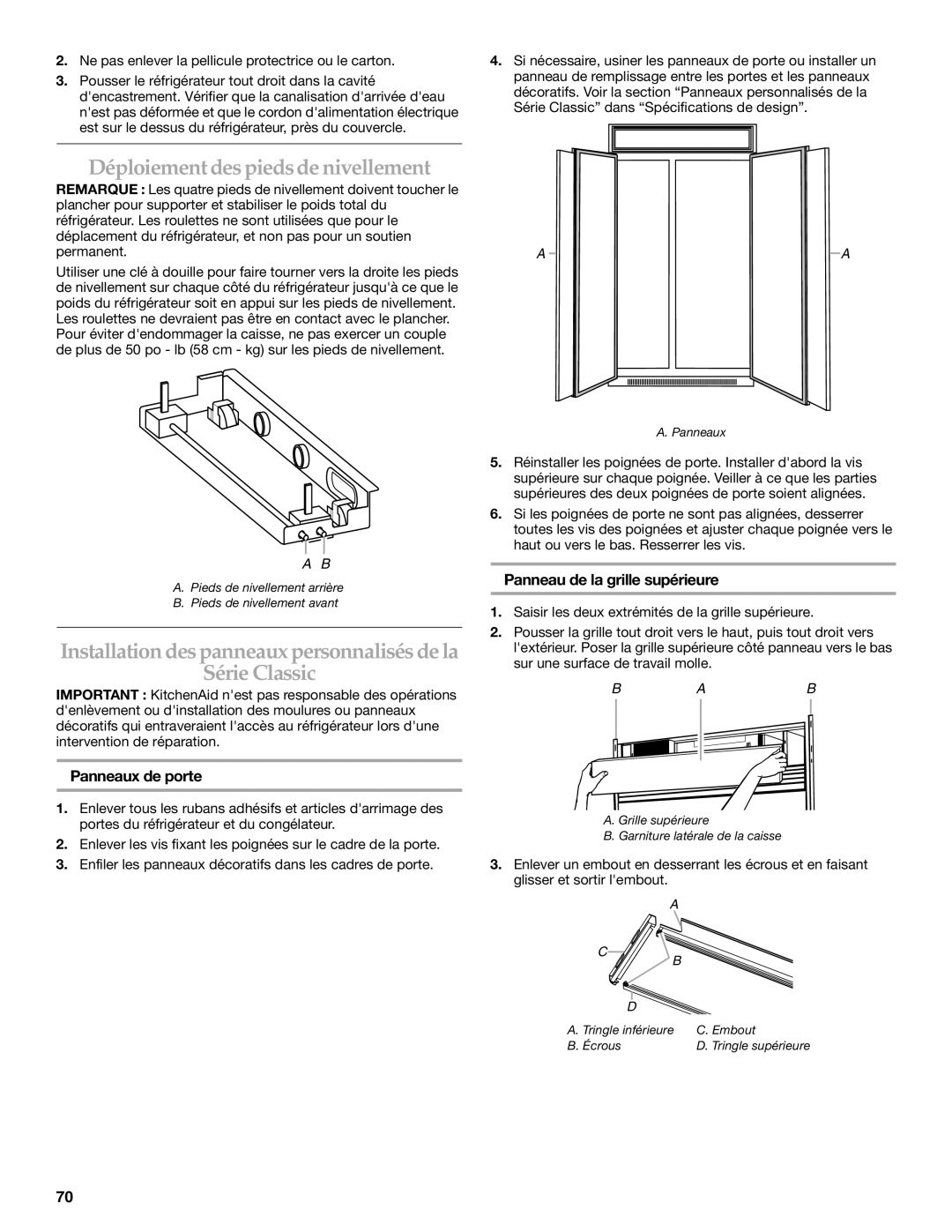 KitchenAid KSSC36QMS manual Déploiement despiedsde nivellement, Installation des panneaux personnalisés de la Série Classic 