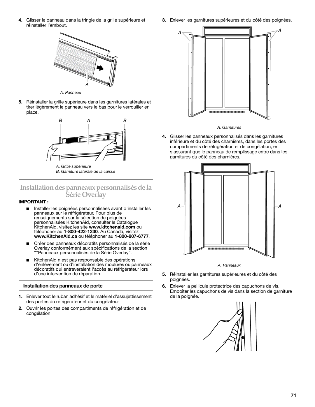 KitchenAid 2309069A manual Installation des panneaux personnalisés de la Série Overlay, Installation des panneaux de porte 