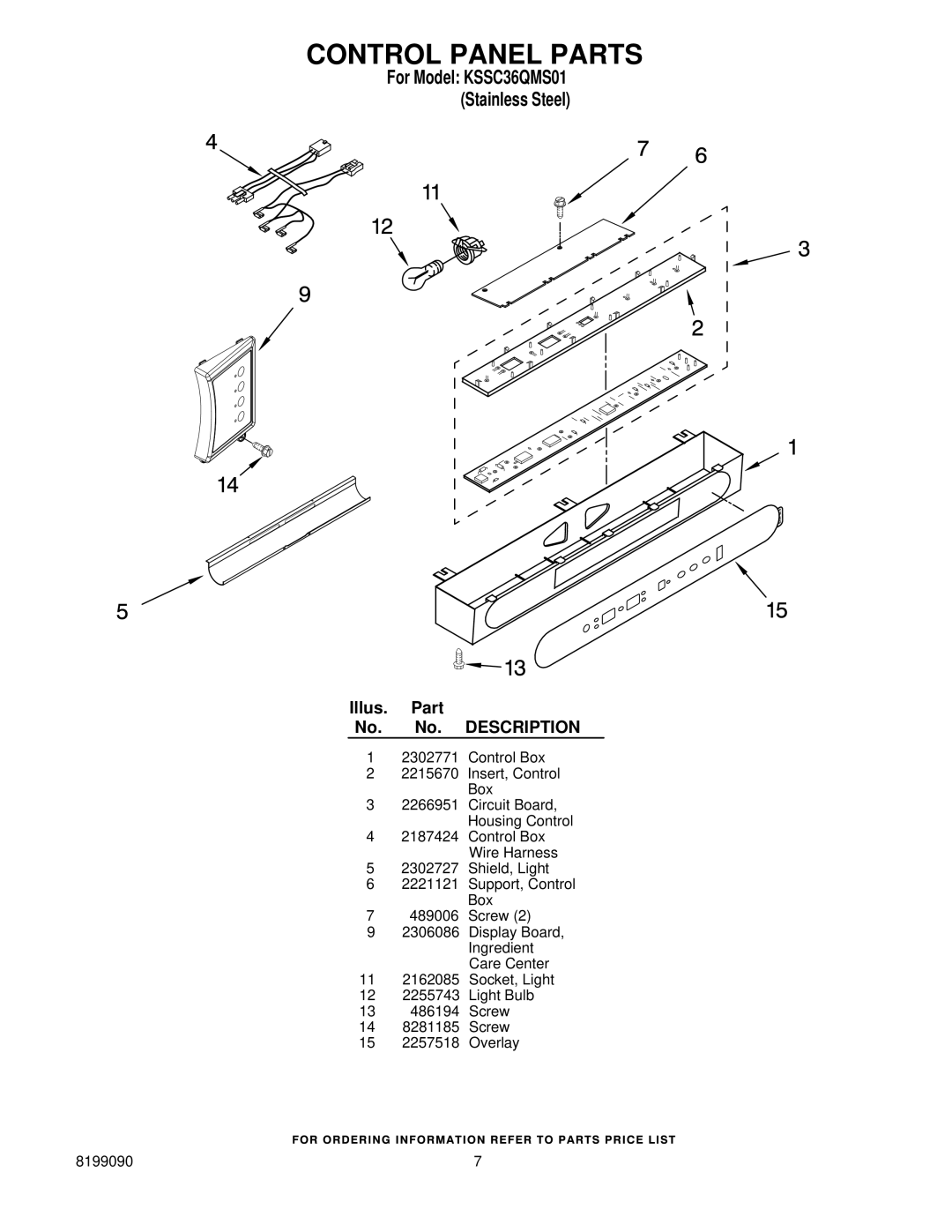KitchenAid KSSC36QMS01 manual Control Panel Parts 