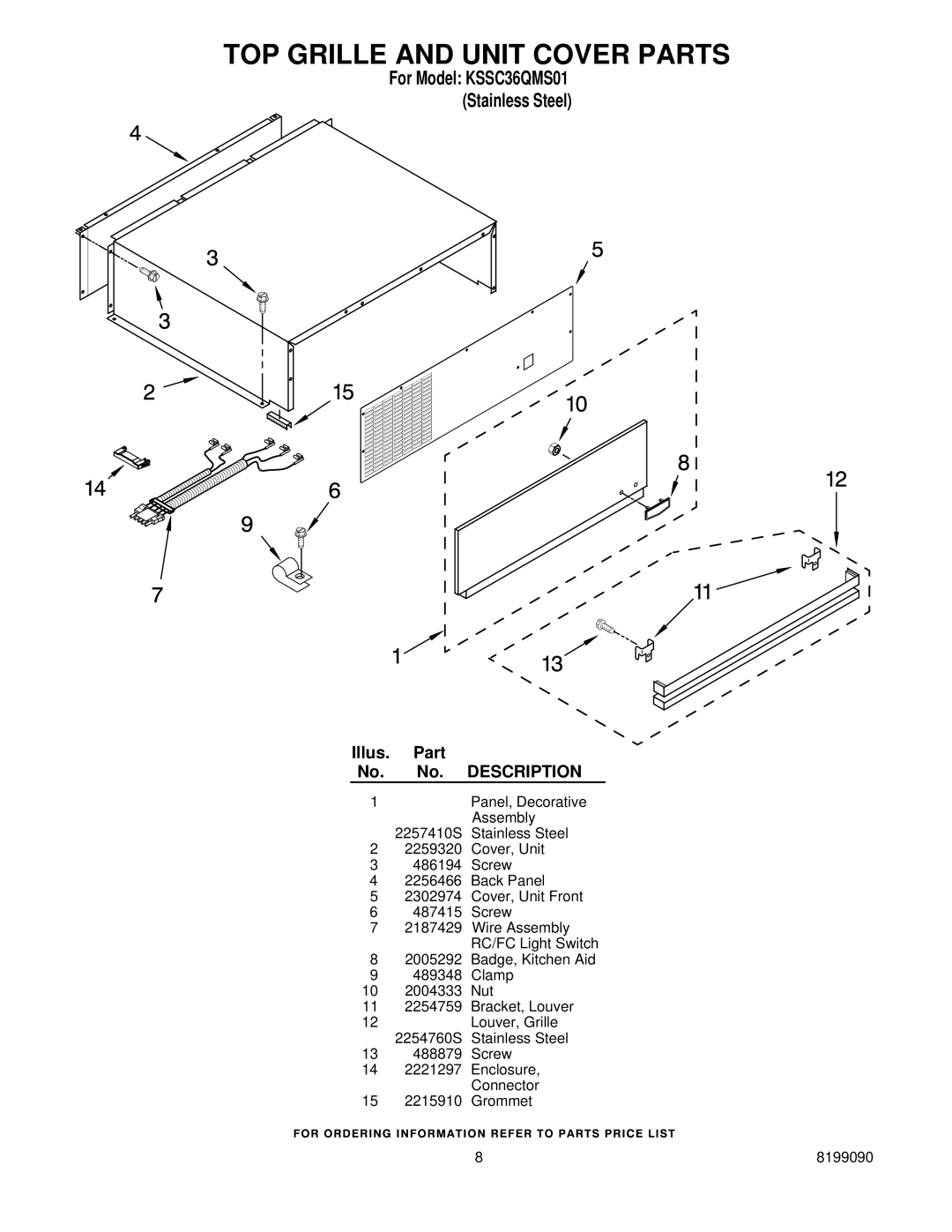 KitchenAid KSSC36QMS01 manual TOP Grille and Unit Cover Parts 