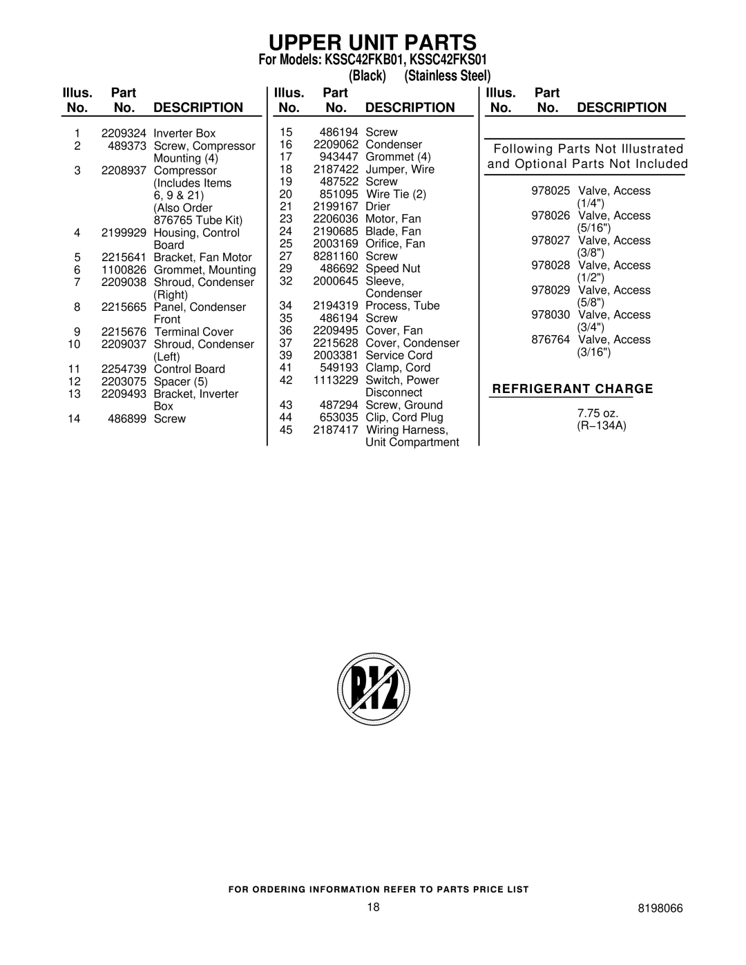 KitchenAid KSSC42FKS01, KSSC42FKB01 manual Upper Unit Parts 