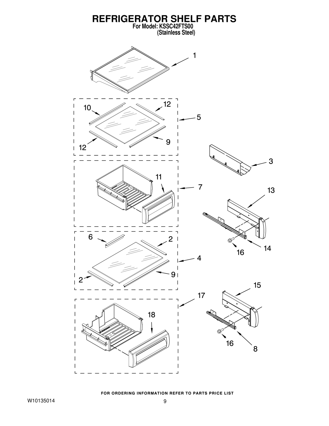 KitchenAid KSSC42FTS00 manual Refrigerator Shelf Parts 