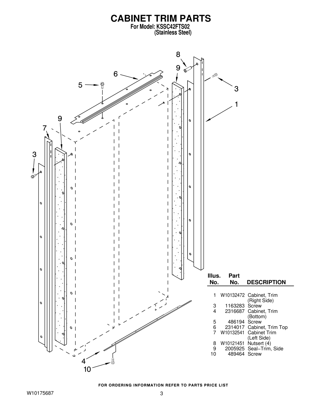 KitchenAid manual Cabinet Trim Parts, For Model KSSC42FTS02 Stainless Steel 