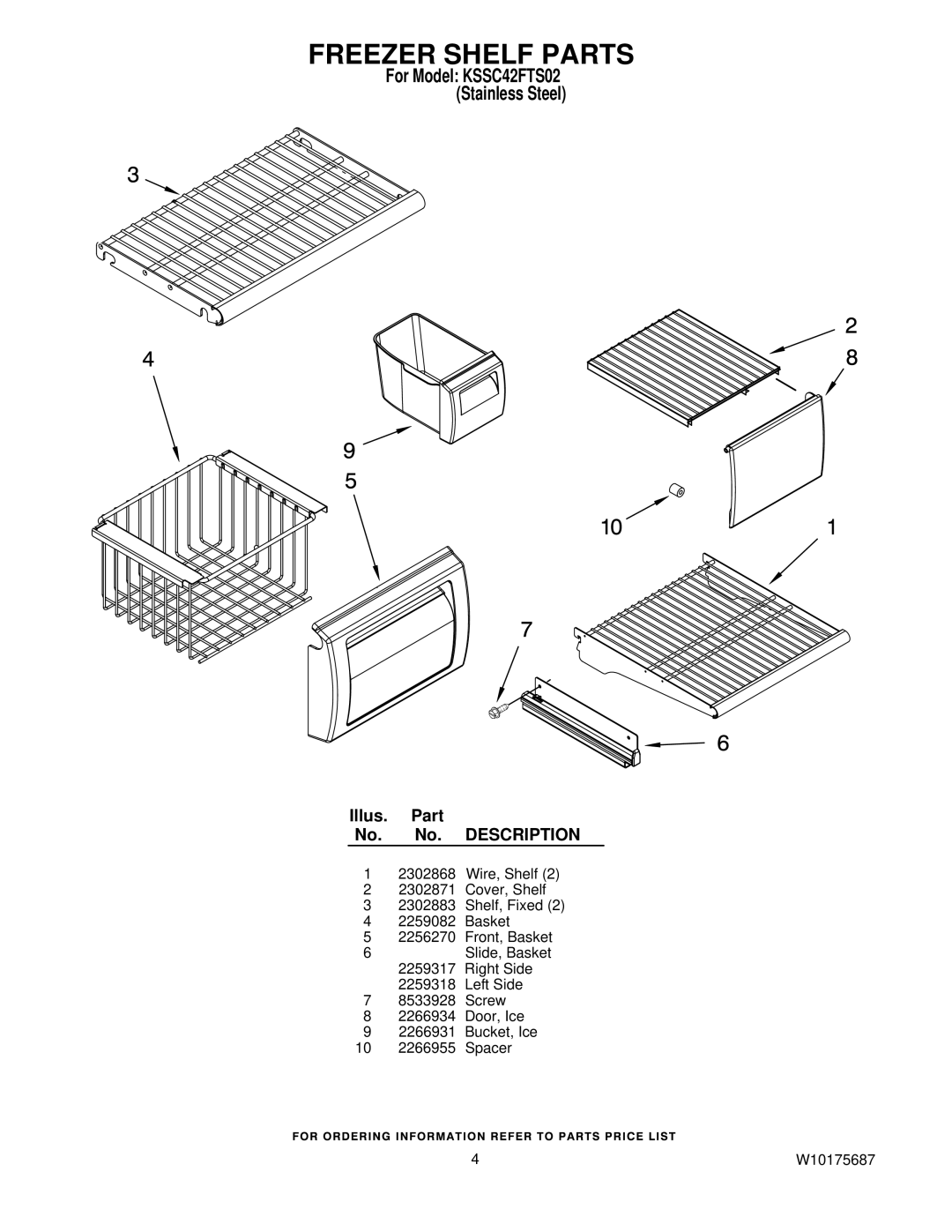 KitchenAid KSSC42FTS02 manual Freezer Shelf Parts 