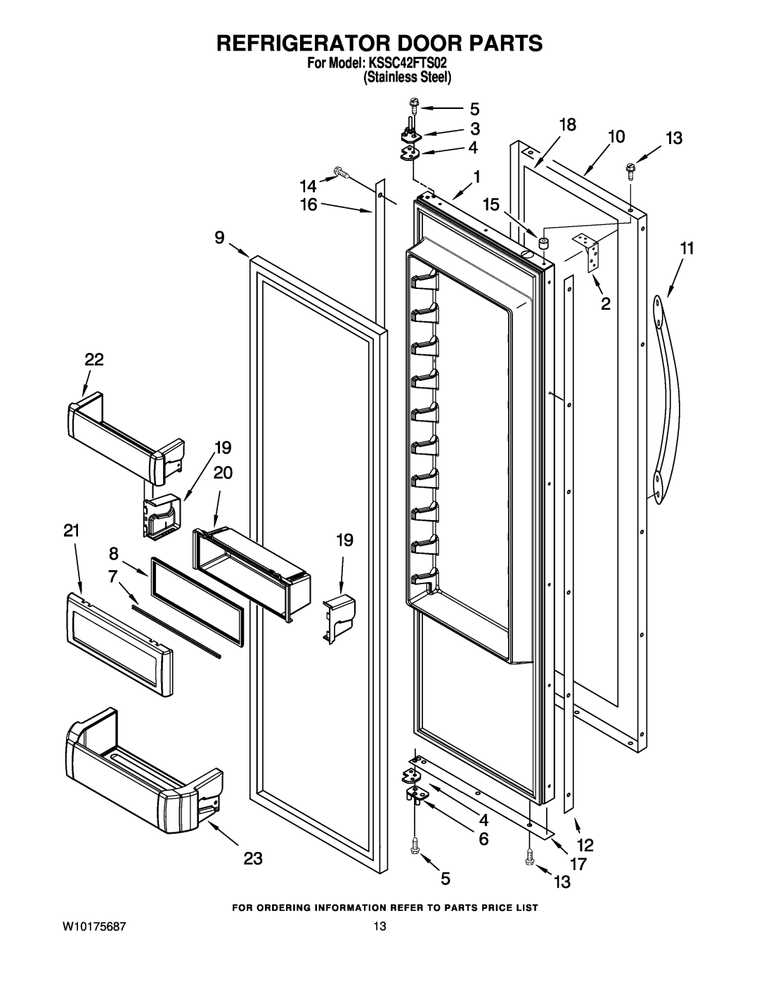 KitchenAid manual Refrigerator Door Parts, W10175687, For Model KSSC42FTS02 Stainless Steel 