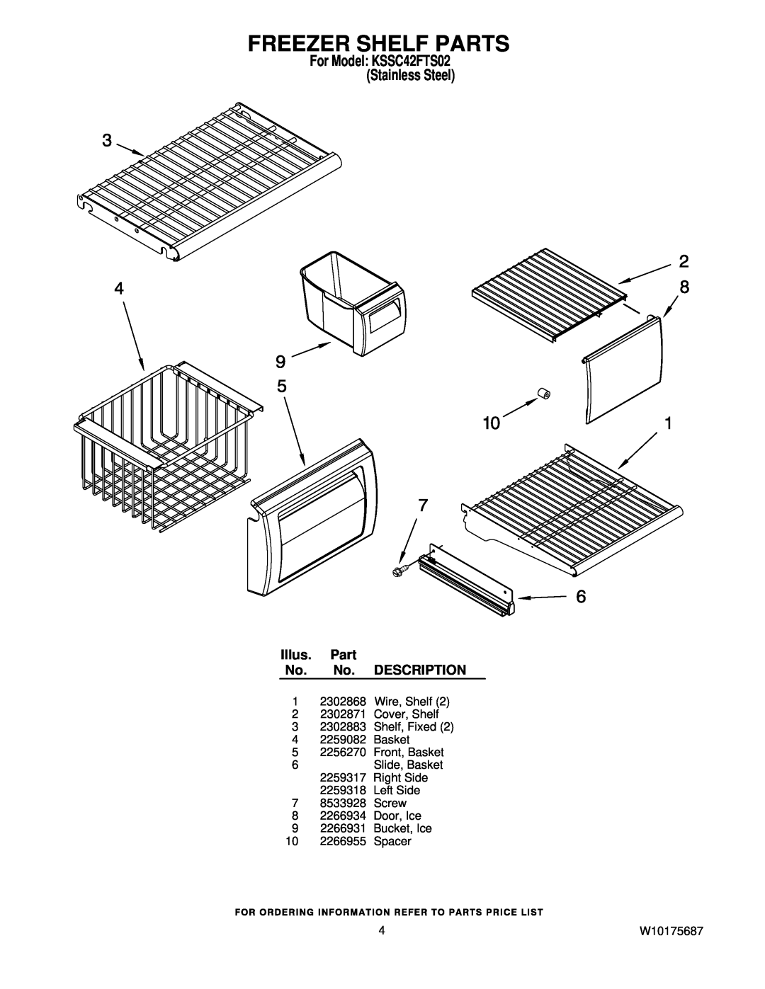 KitchenAid manual Freezer Shelf Parts, For Model KSSC42FTS02 Stainless Steel, Illus. Part No. No. DESCRIPTION 