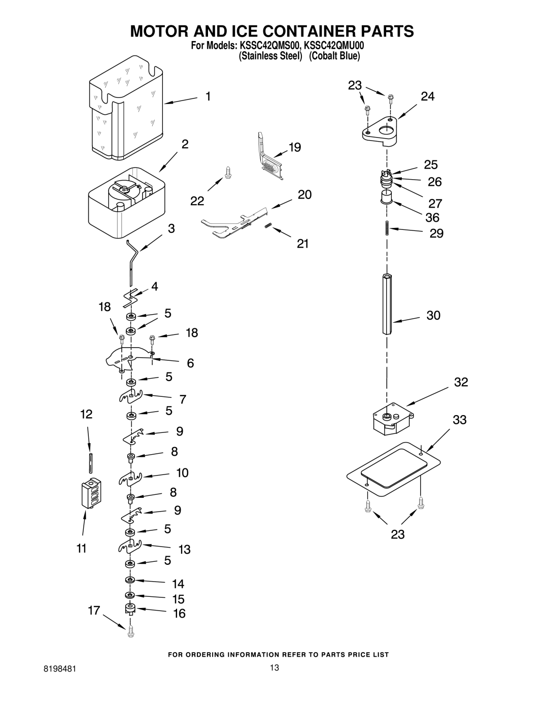 KitchenAid KSSC42QMU00, KSSC42QMS00 manual Motor and ICE Container Parts 