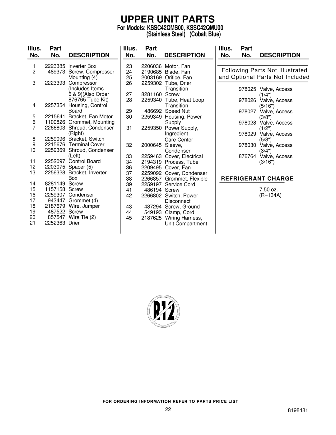 KitchenAid KSSC42QMS00, KSSC42QMU00 manual Refrigerant Charge 