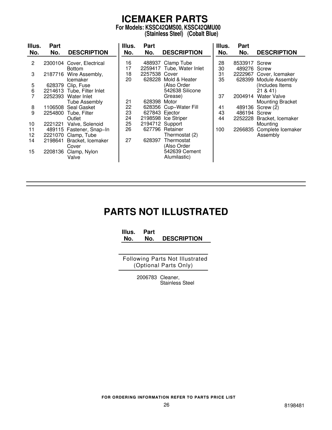 KitchenAid KSSC42QMS00, KSSC42QMU00 manual Parts not Illustrated 