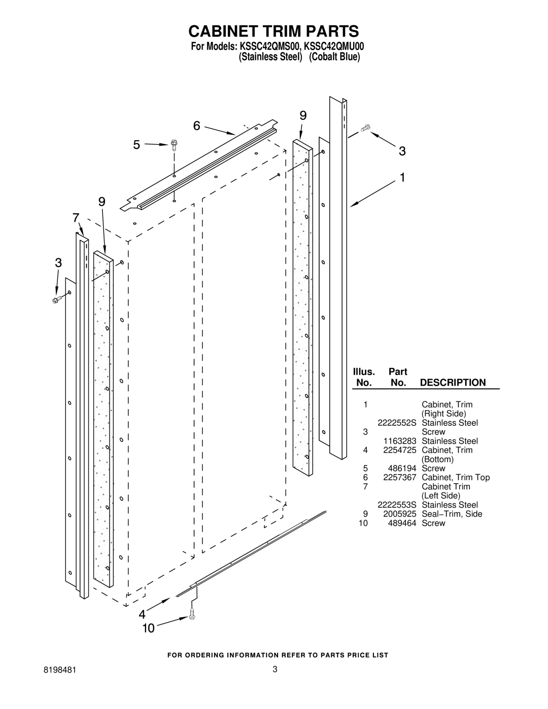 KitchenAid KSSC42QMU00, KSSC42QMS00 manual Cabinet Trim Parts, Description 