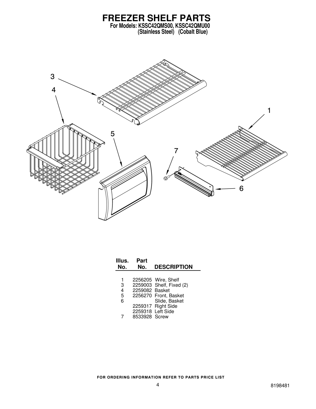 KitchenAid KSSC42QMS00, KSSC42QMU00 manual Freezer Shelf Parts 