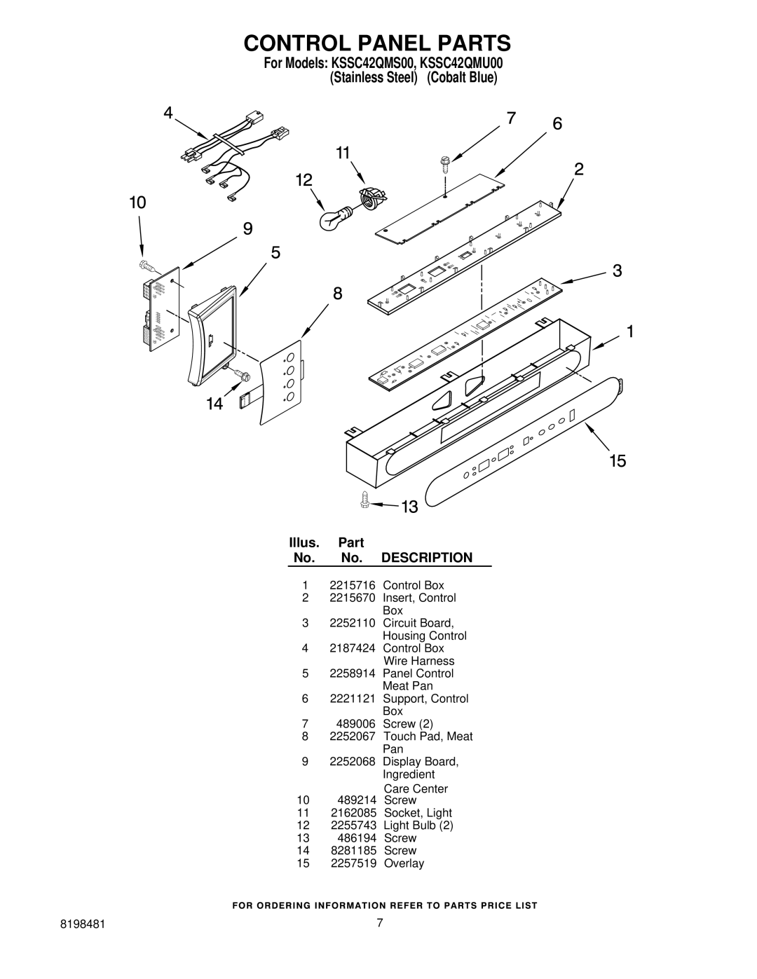 KitchenAid KSSC42QMU00, KSSC42QMS00 manual Control Panel Parts 