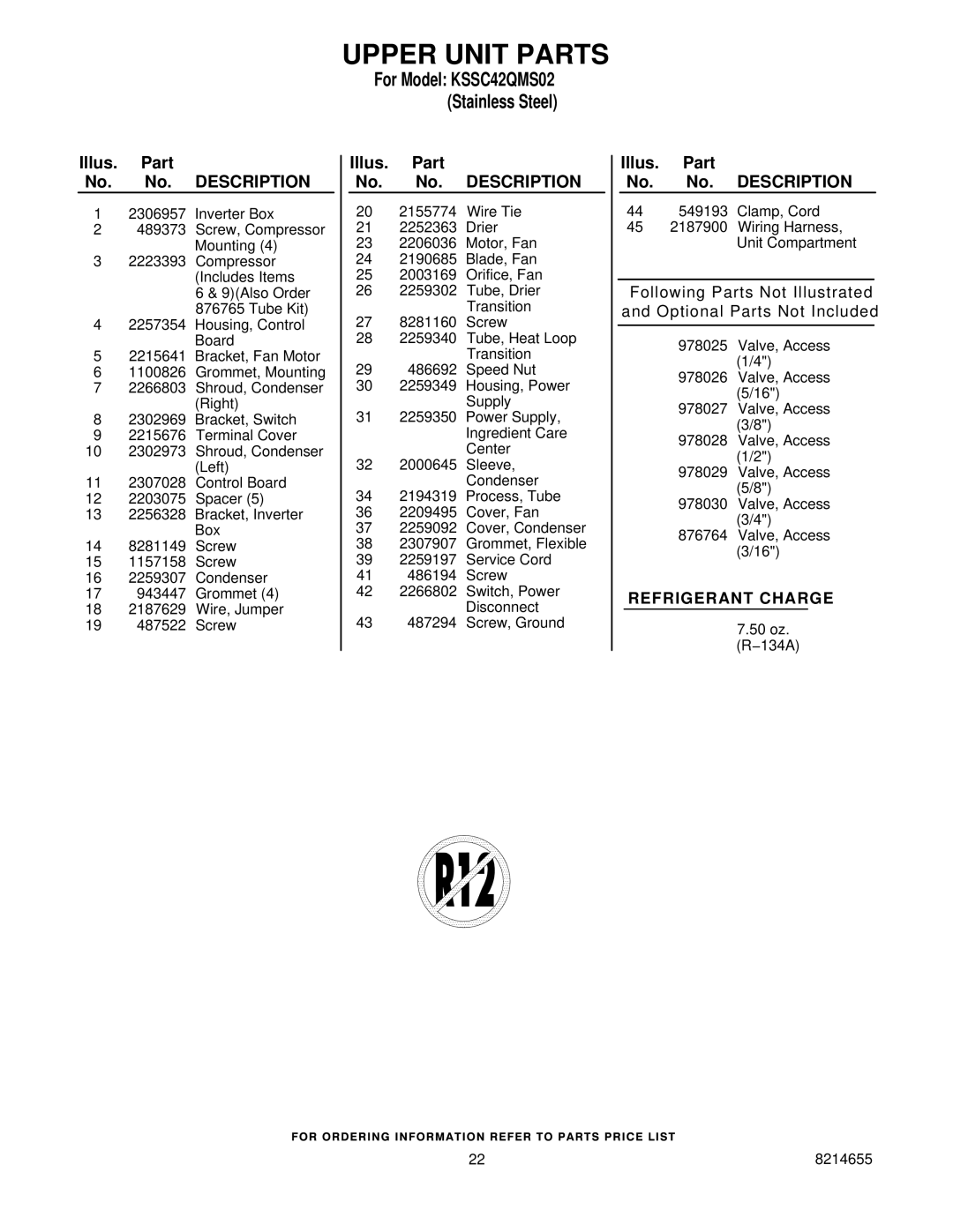 KitchenAid KSSC42QMS02 manual Upper Unit Parts 