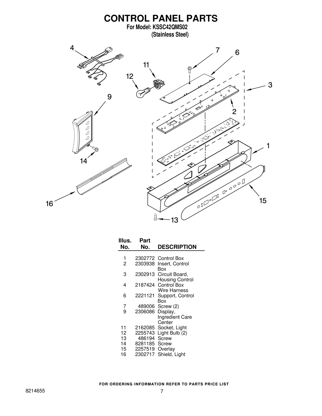 KitchenAid KSSC42QMS02 manual Control Panel Parts 