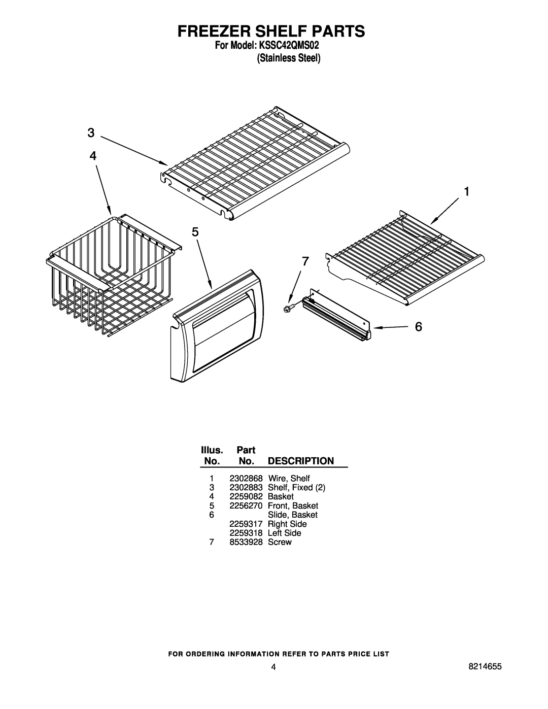 KitchenAid manual Freezer Shelf Parts, For Model KSSC42QMS02 Stainless Steel, Illus. Part No. No. DESCRIPTION 