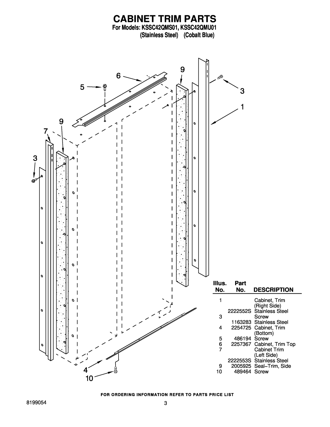 KitchenAid Cabinet Trim Parts, For Models KSSC42QMS01, KSSC42QMU01 Stainless Steel Cobalt Blue, Illus, Description 