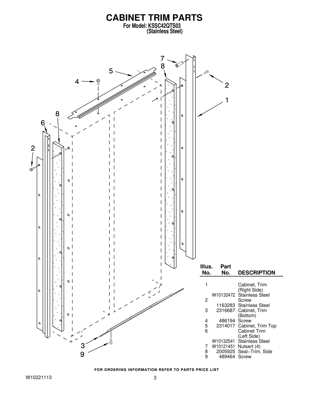 KitchenAid manual Cabinet Trim Parts, For Model KSSC42QTS03 Stainless Steel 