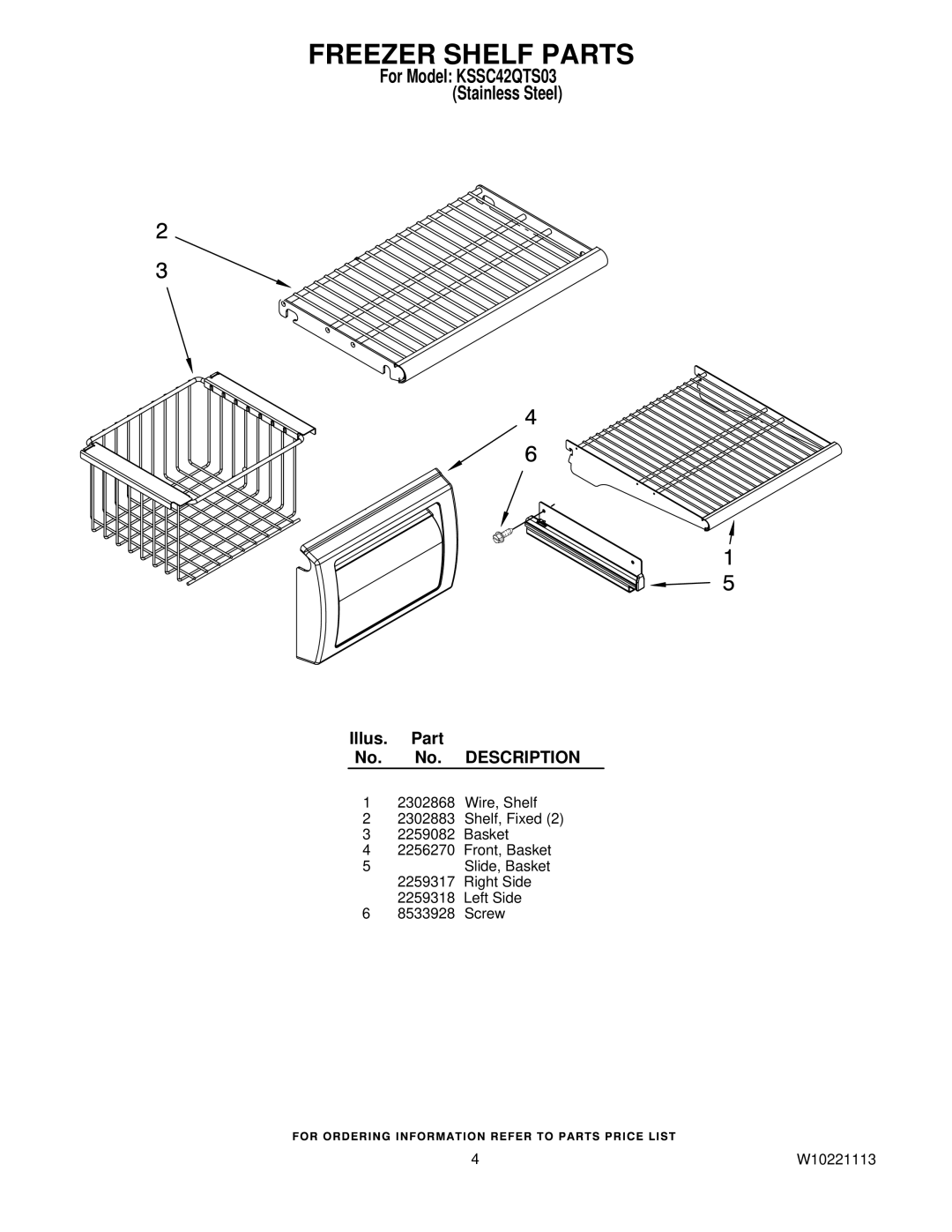 KitchenAid KSSC42QTS03 manual Freezer Shelf Parts 