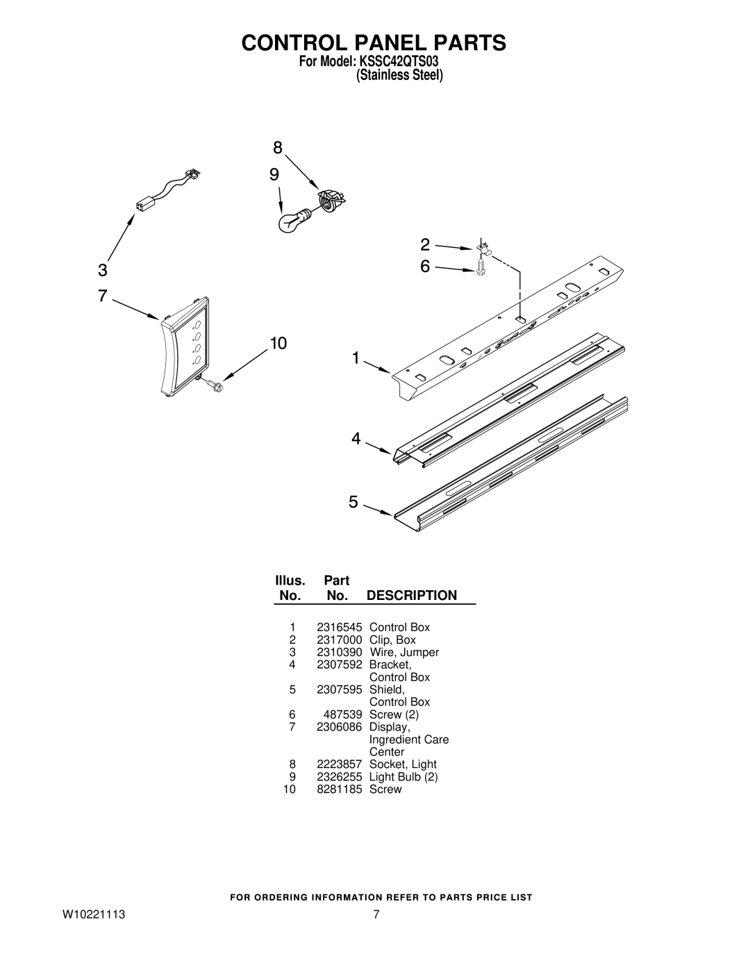 KitchenAid KSSC42QTS03 manual Control Panel Parts 