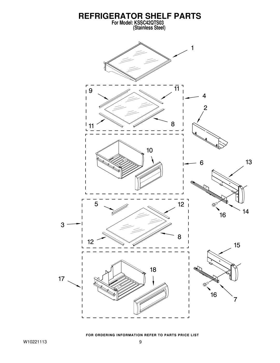 KitchenAid KSSC42QTS03 manual Refrigerator Shelf Parts 