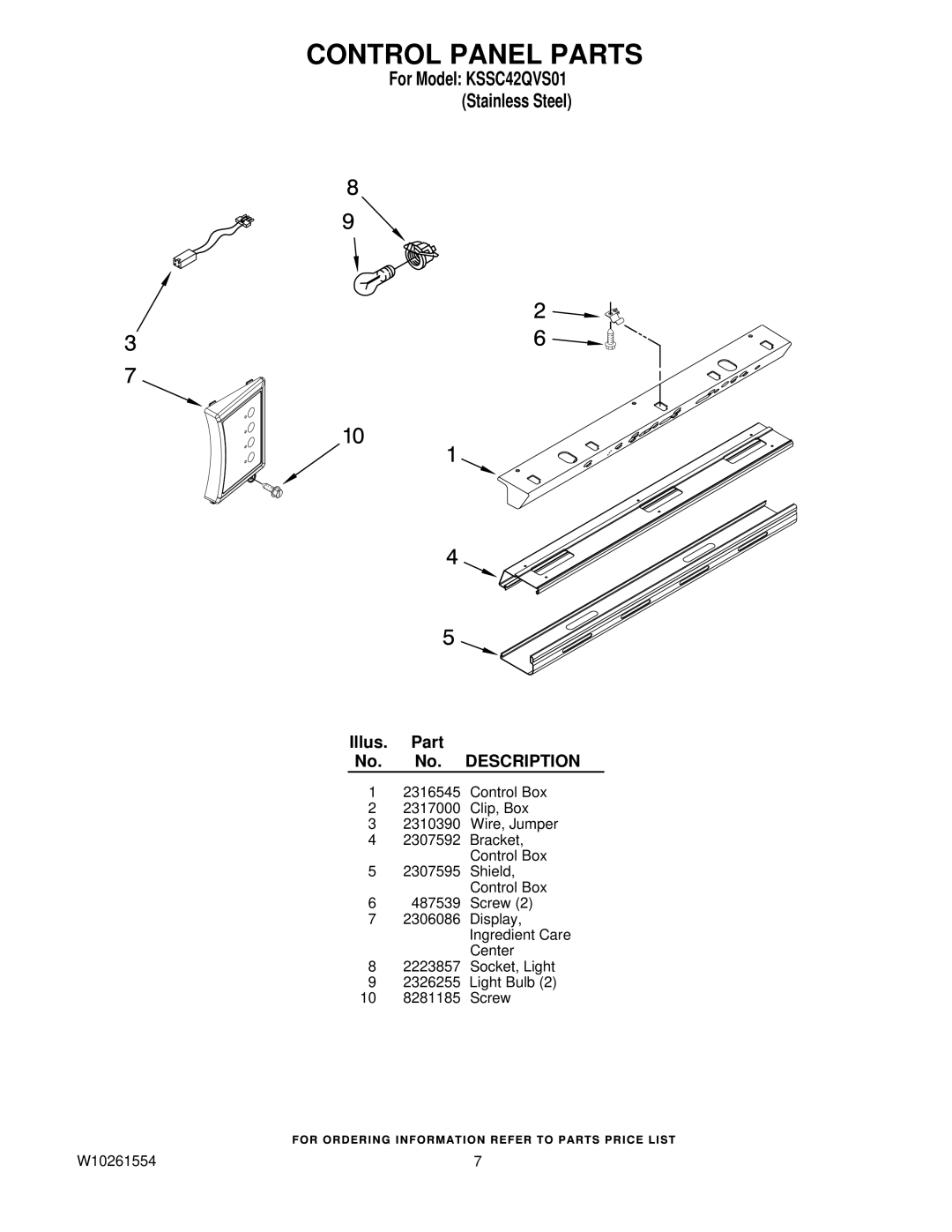 KitchenAid KSSC42QVS01 manual Control Panel Parts 