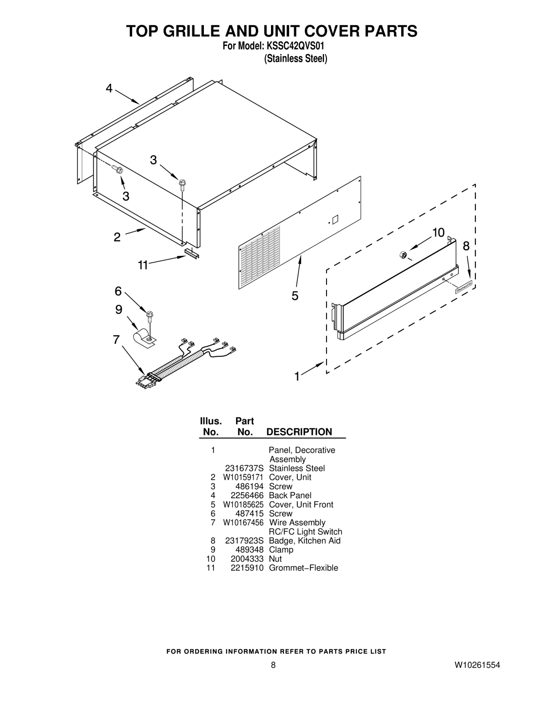 KitchenAid KSSC42QVS01 manual TOP Grille and Unit Cover Parts 