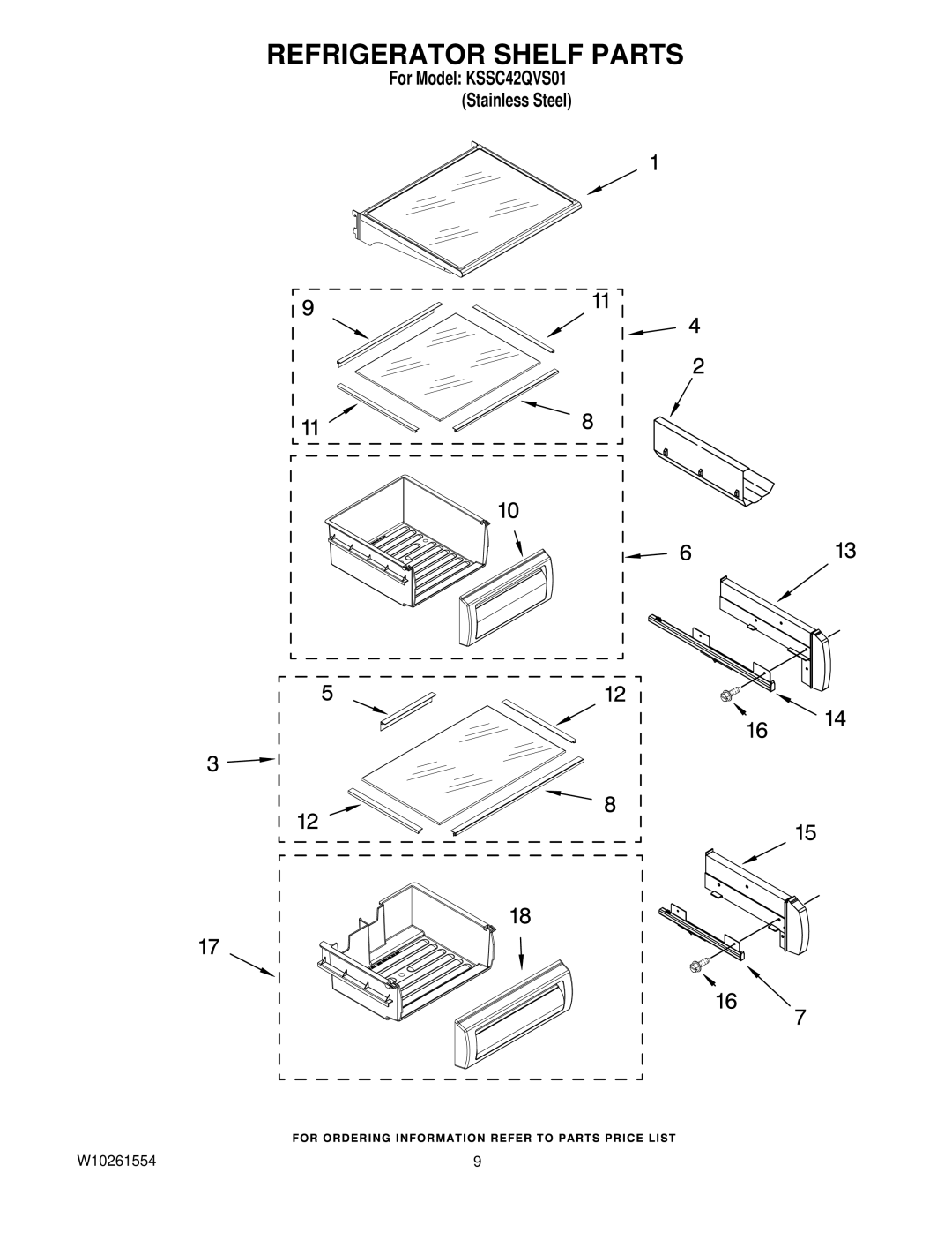KitchenAid KSSC42QVS01 manual Refrigerator Shelf Parts 