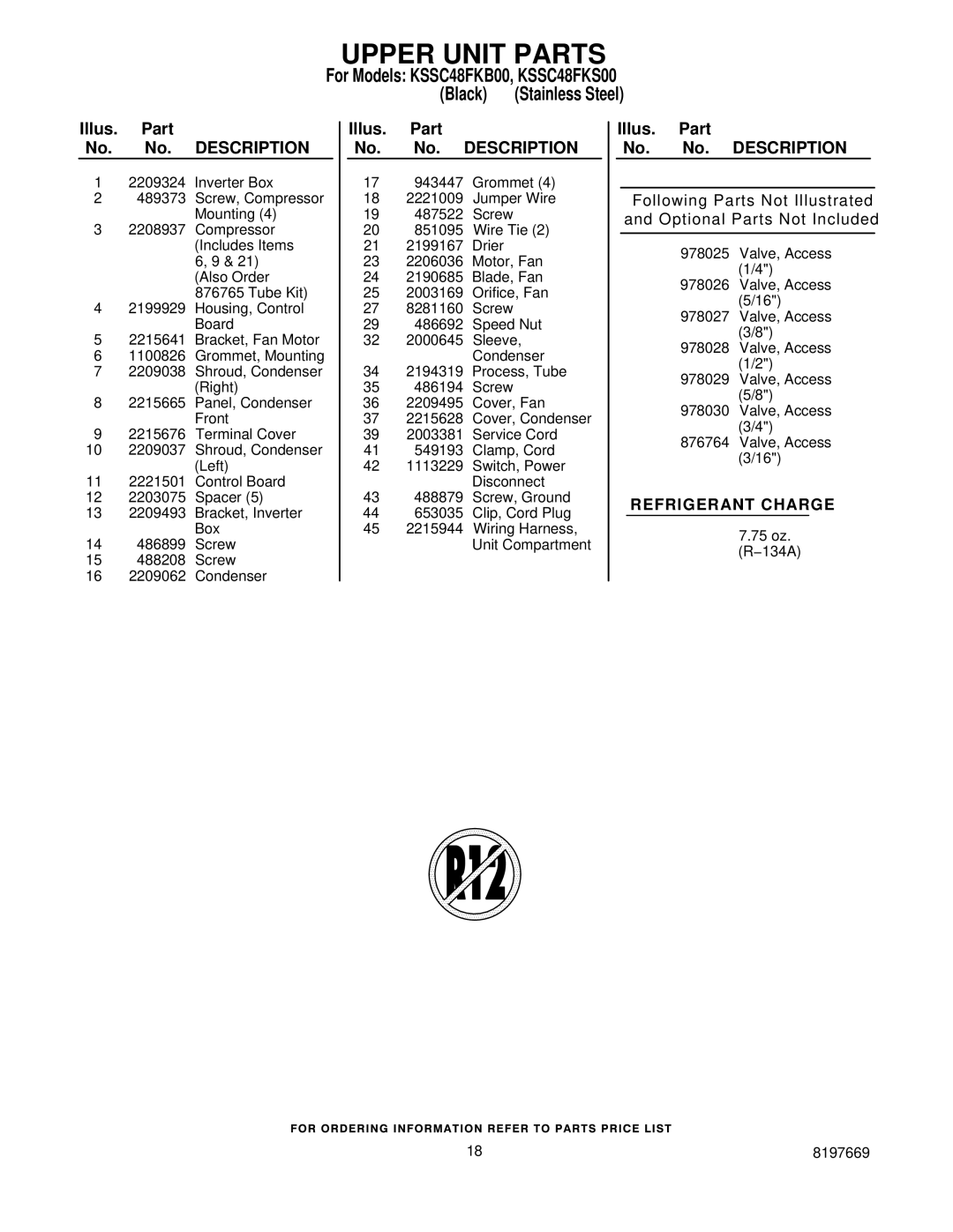 KitchenAid KSSC48FKB00, KSSC48FKS00 manual Upper Unit Parts 