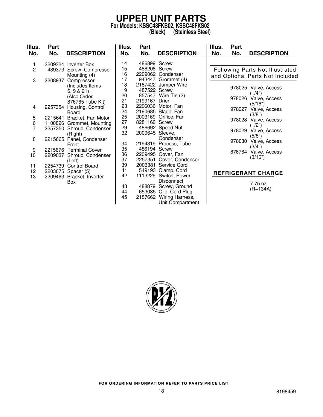 KitchenAid KSSC48FKS02, KSSC48FKB02 manual Upper Unit Parts 