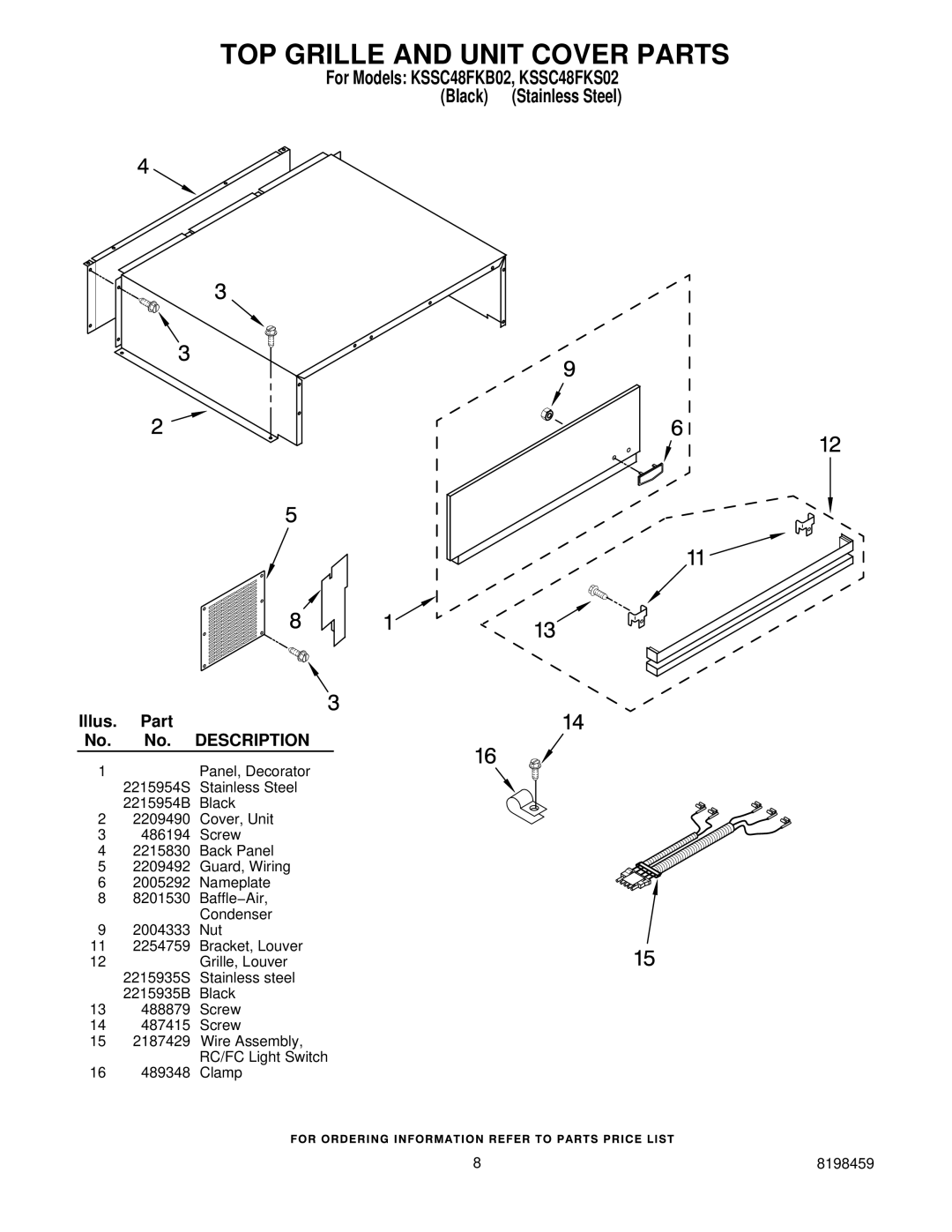 KitchenAid KSSC48FKS02, KSSC48FKB02 manual TOP Grille and Unit Cover Parts 