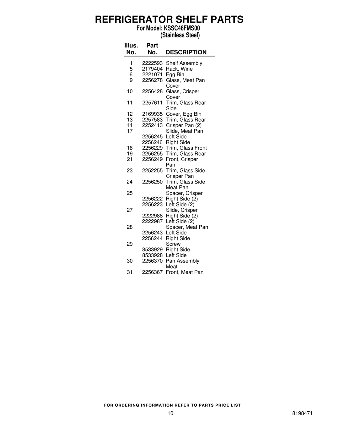 KitchenAid KSSC48FMS00 manual 31 2256367 Front, Meat Pan 8198471 