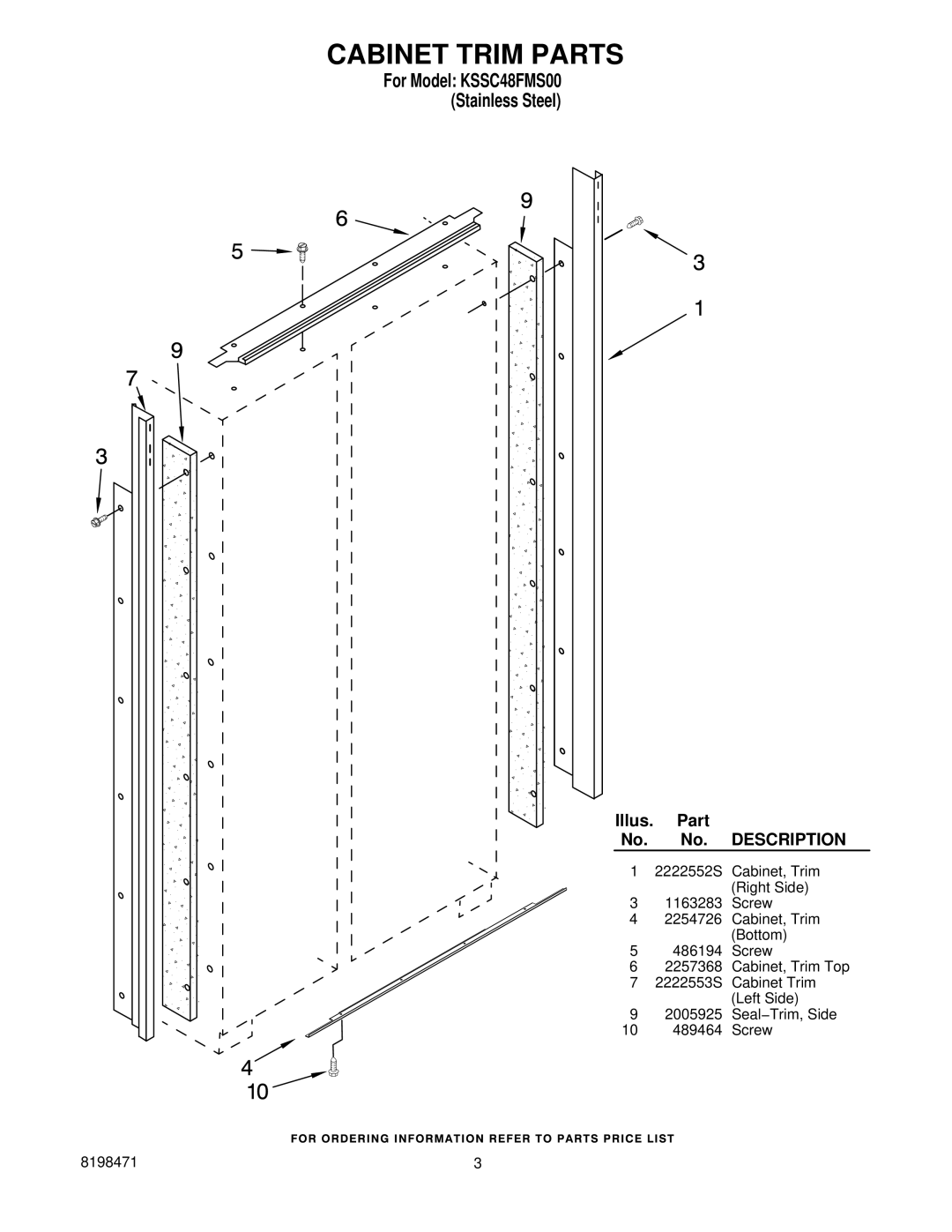 KitchenAid manual Cabinet Trim Parts, For Model KSSC48FMS00 Stainless Steel 