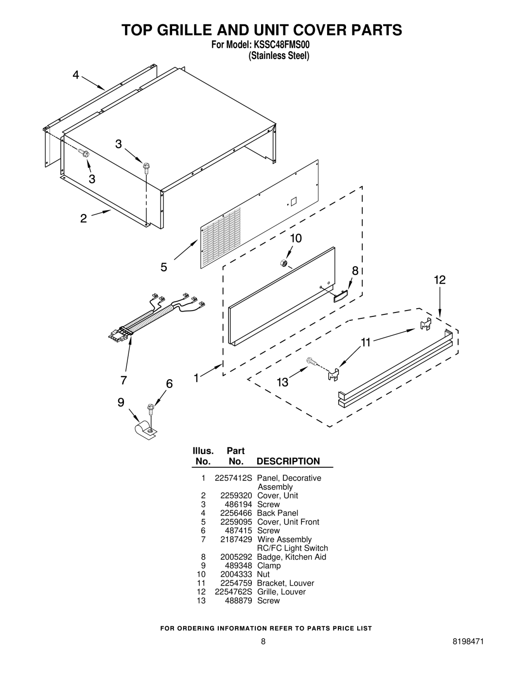 KitchenAid KSSC48FMS00 manual TOP Grille and Unit Cover Parts 