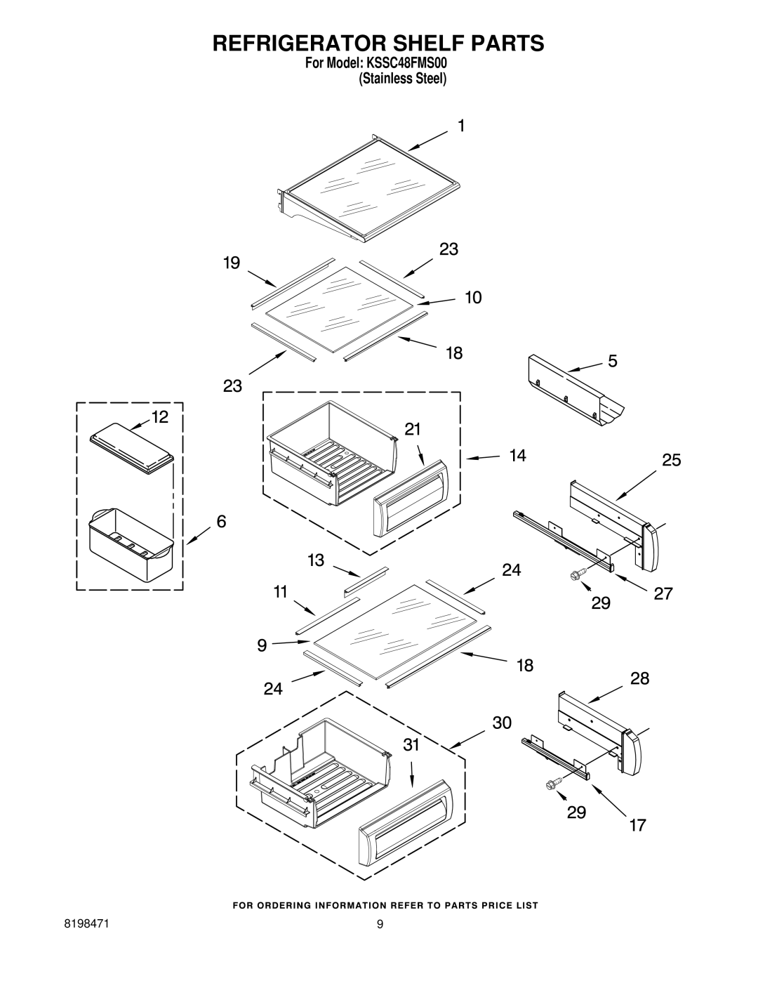 KitchenAid KSSC48FMS00 manual Refrigerator Shelf Parts 