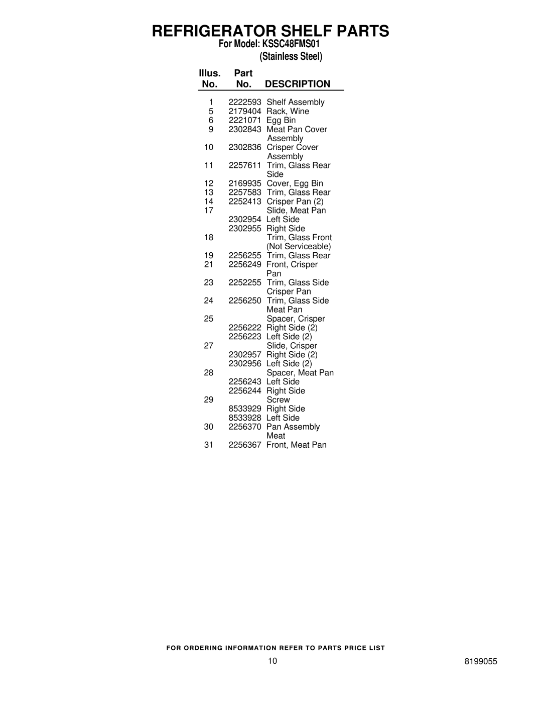 KitchenAid KSSC48FMS01 manual 31 2256367 Front, Meat Pan 8199055 