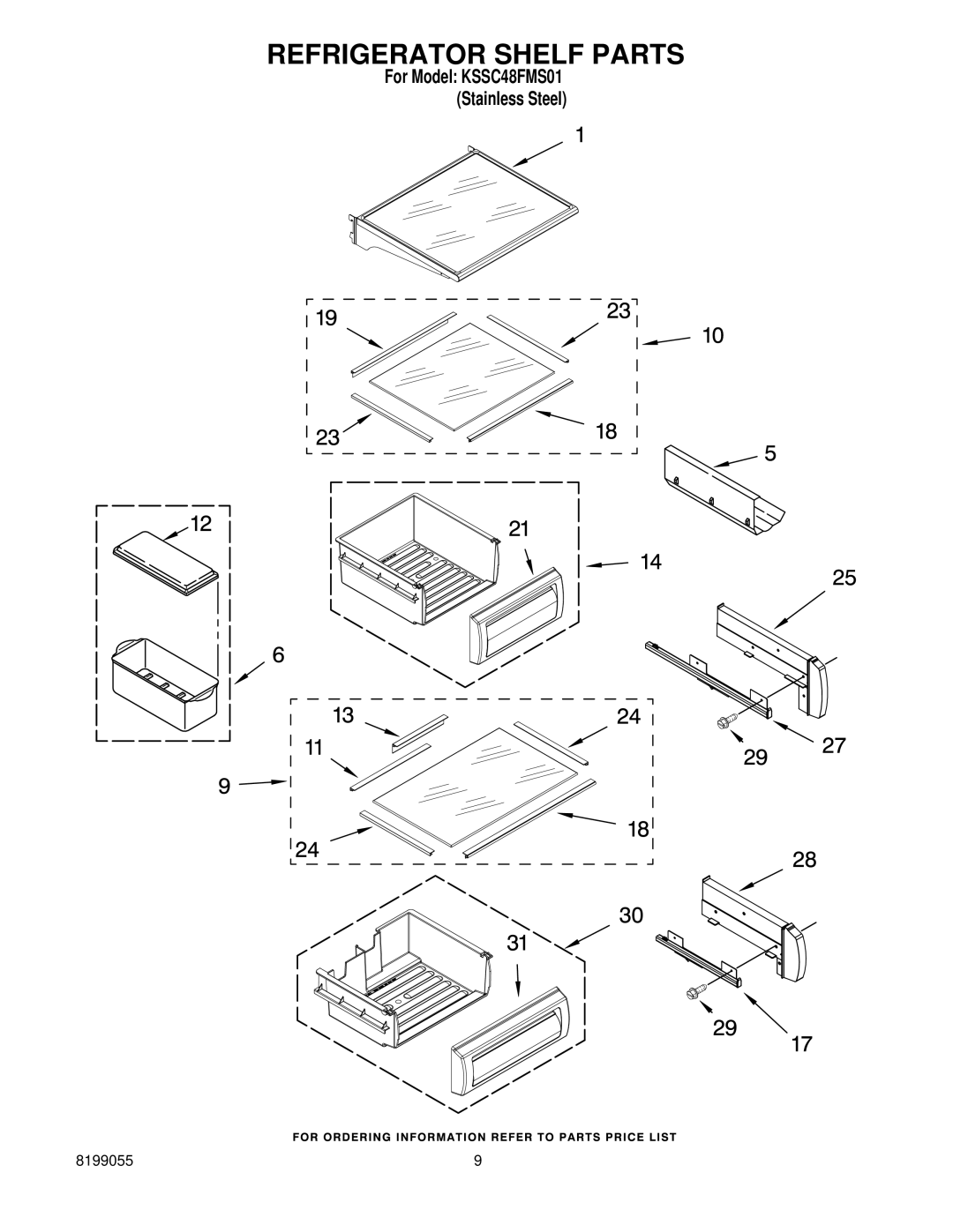 KitchenAid KSSC48FMS01 manual Refrigerator Shelf Parts 