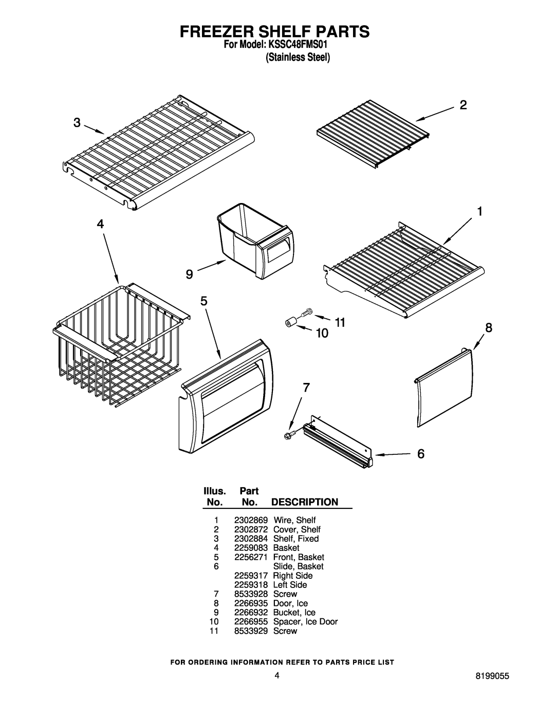 KitchenAid manual Freezer Shelf Parts, For Model KSSC48FMS01 Stainless Steel, Illus. Part No. No. DESCRIPTION 
