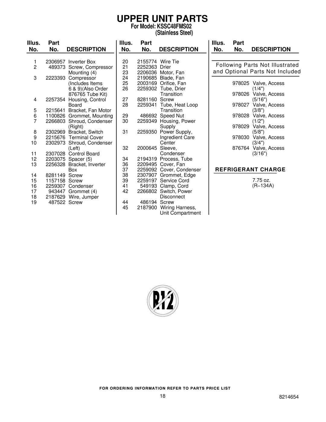 KitchenAid KSSC48FMS02 manual Upper Unit Parts 