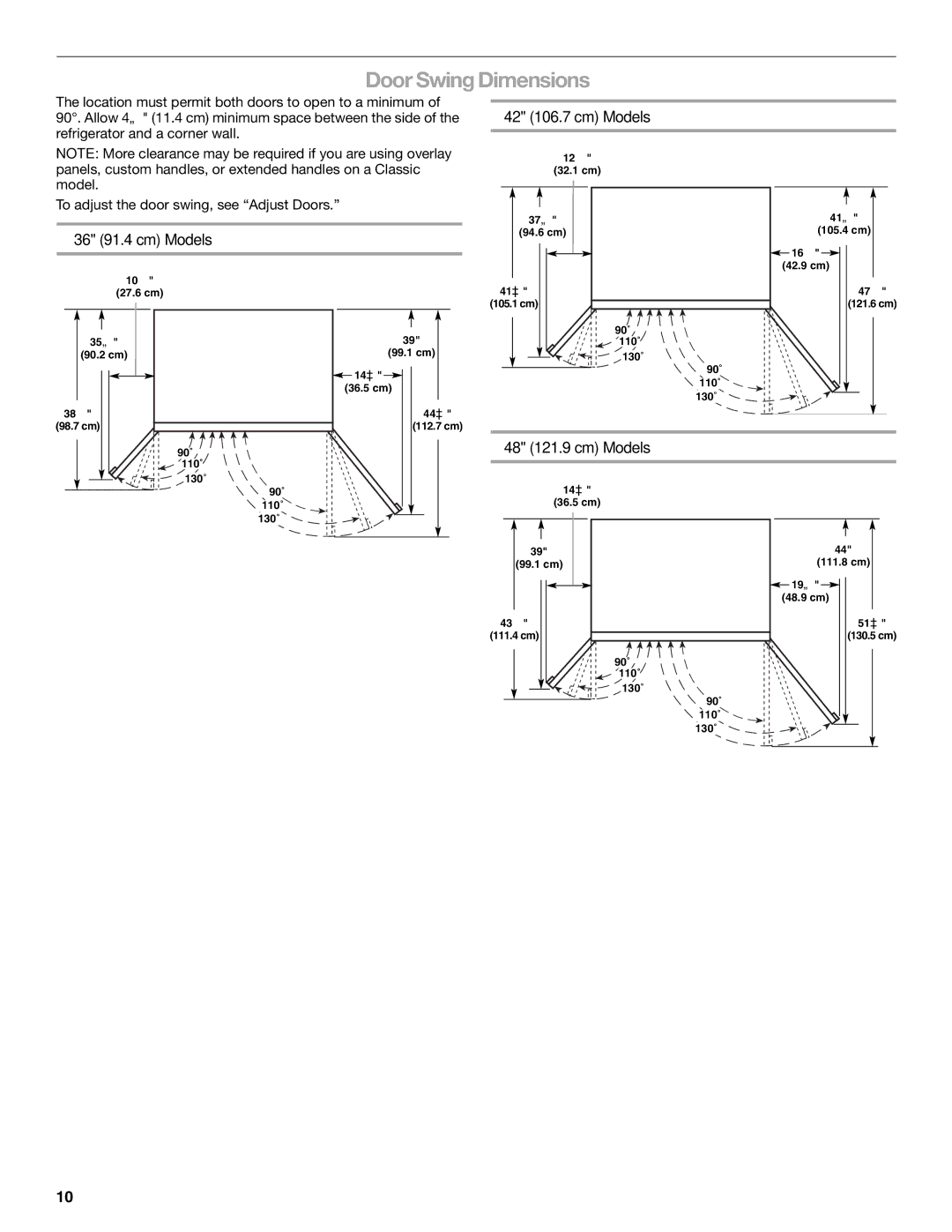 KitchenAid KSSC36FTS, KSSC48FTS, KSSC42FTS Door Swing Dimensions, 36 91.4 cm Models, 42 106.7 cm Models, 48 121.9 cm Models 