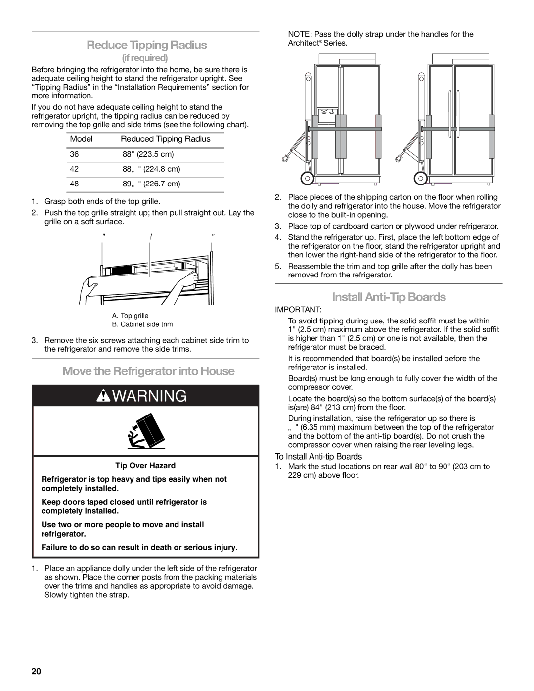 KitchenAid KSSC42FTS, KSSC48FTS, KSSC36FTS Reduce Tipping Radius, Move the Refrigerator into House, Install Anti-Tip Boards 