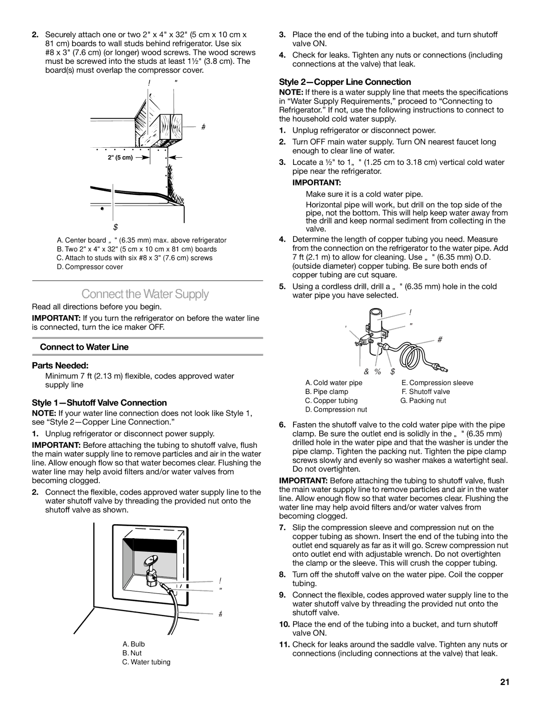 KitchenAid KSSC48FTS manual Connect the Water Supply, Connect to Water Line Parts Needed, Style 1-Shutoff Valve Connection 