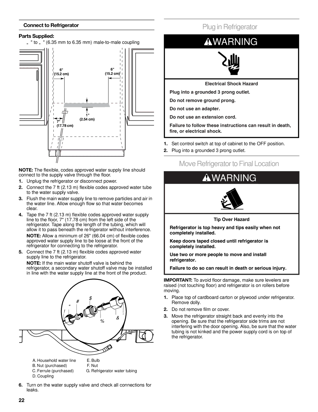 KitchenAid KSSC36FTS Plug in Refrigerator, Move Refrigerator to Final Location, Parts Supplied, Connect to Refrigerator 