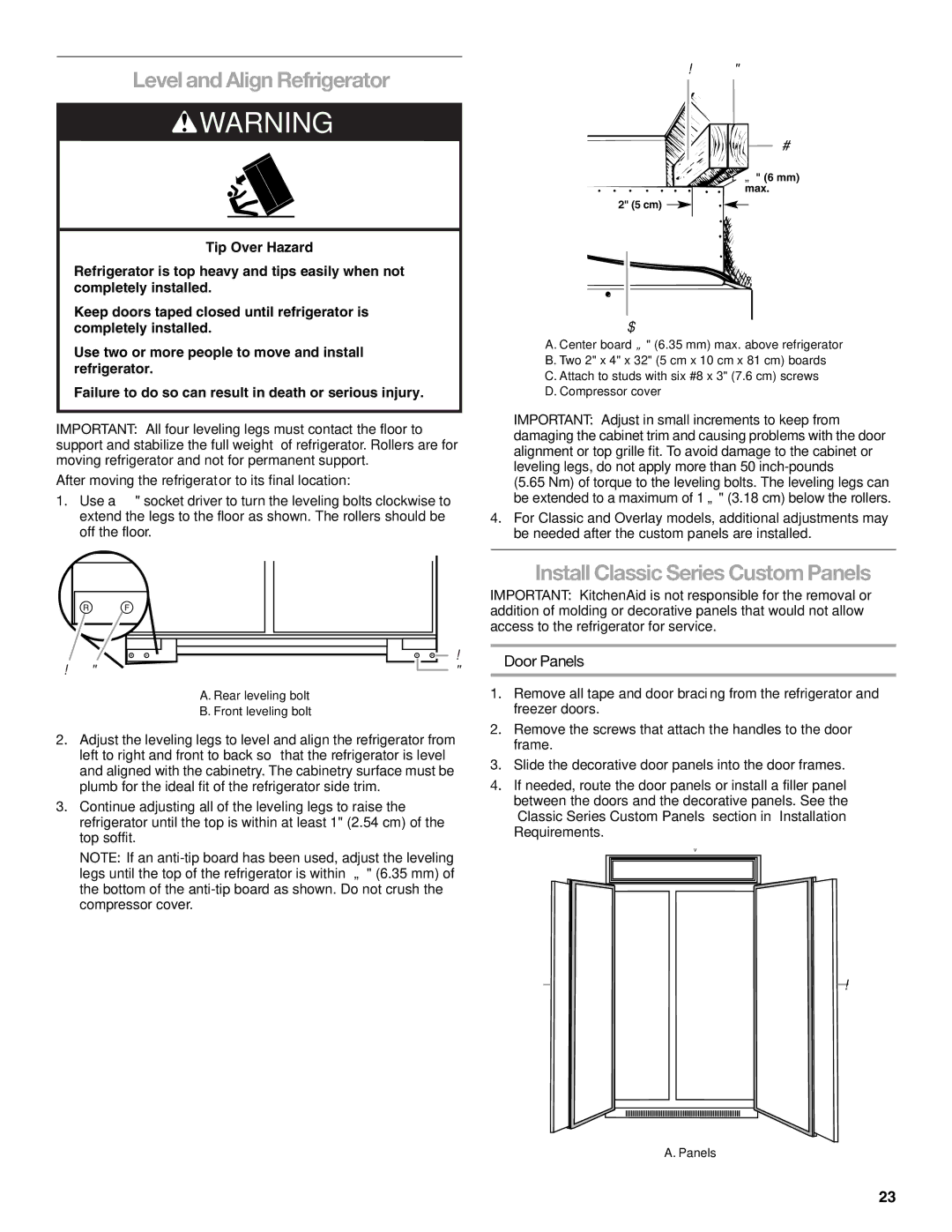 KitchenAid KSSC42FTS, KSSC48FTS, KSSC36FTS Level and Align Refrigerator, Install Classic Series Custom Panels, Door Panels 