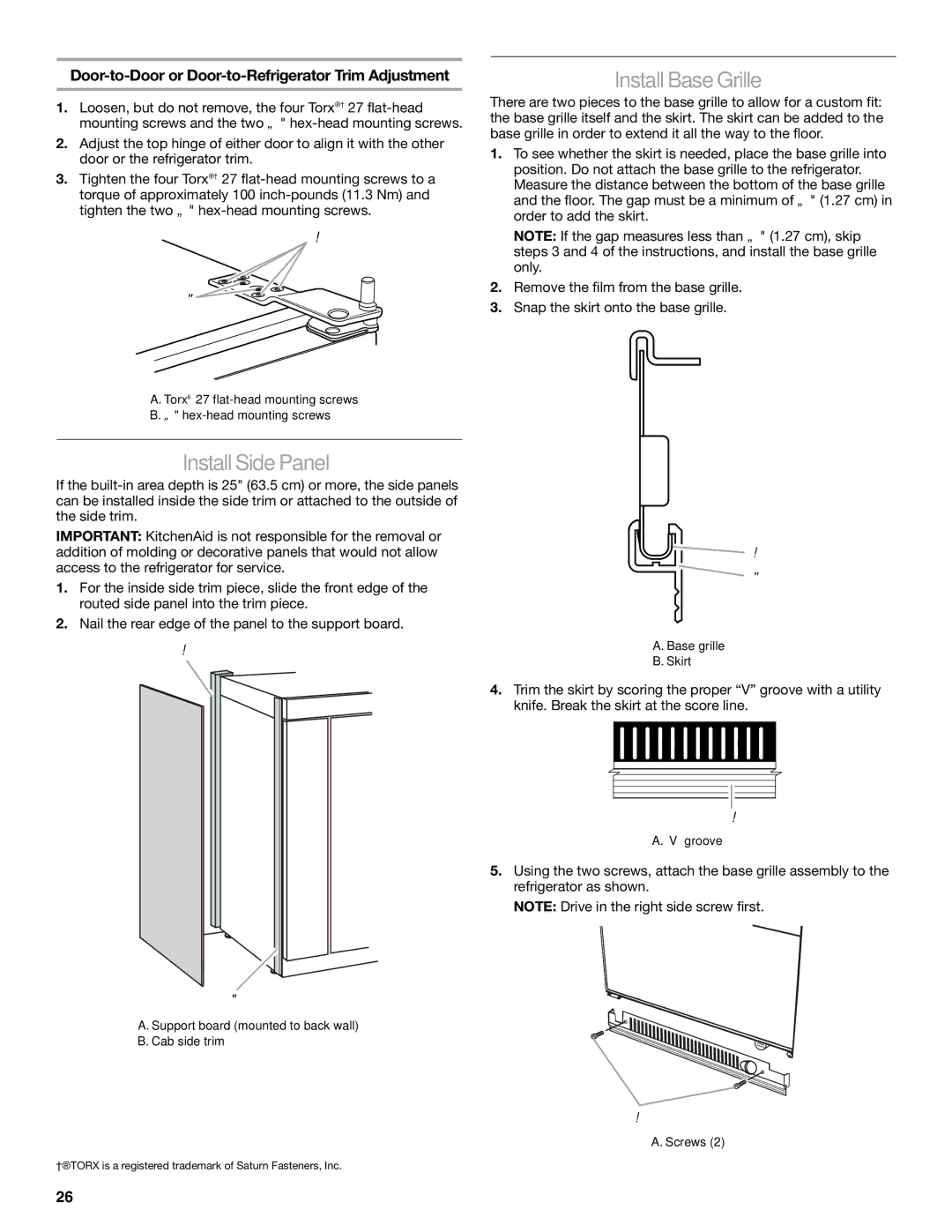 KitchenAid KSSC42FTS manual Install Side Panel, Install Base Grille, Door-to-Door or Door-to-Refrigerator Trim Adjustment 