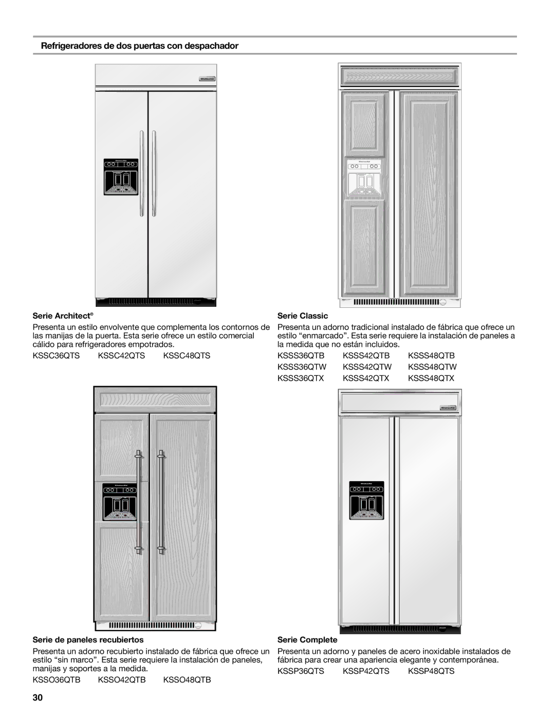 KitchenAid KSSC48FTS, KSSC36FTS, KSSC42FTS manual Refrigeradores de dos puertas con despachador, Serie Complete 